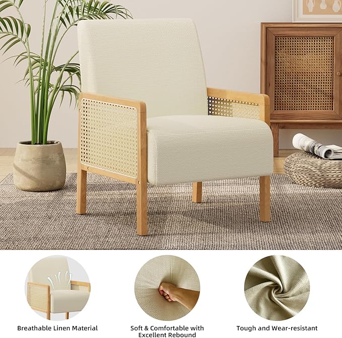 Rattan Accent Chair with Rattan Arms Mid Century Modern Chair for Living Room Linen Upholstered Comfy Chair for Bedroom Reading Room Home Office Beige