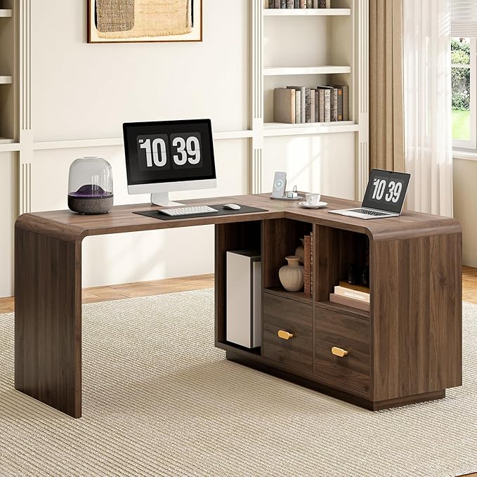 ONBRILL 58 Executive L Shaped Desk Home Office Desk with File Drawers Computer Desk with Power Outlets and Storage Shelves Corner Computer for Home Office (Walnut)