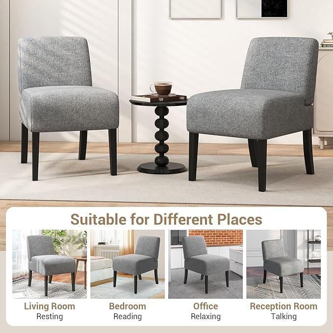 Giantex Armless Accent Chair Set of 4 Upholstered Living Room Chair with Rubber Wood Legs Modern Slipper Side Chair Reading Chair for Living Room Bedroom Waiting Room Office Small Spaces Grey