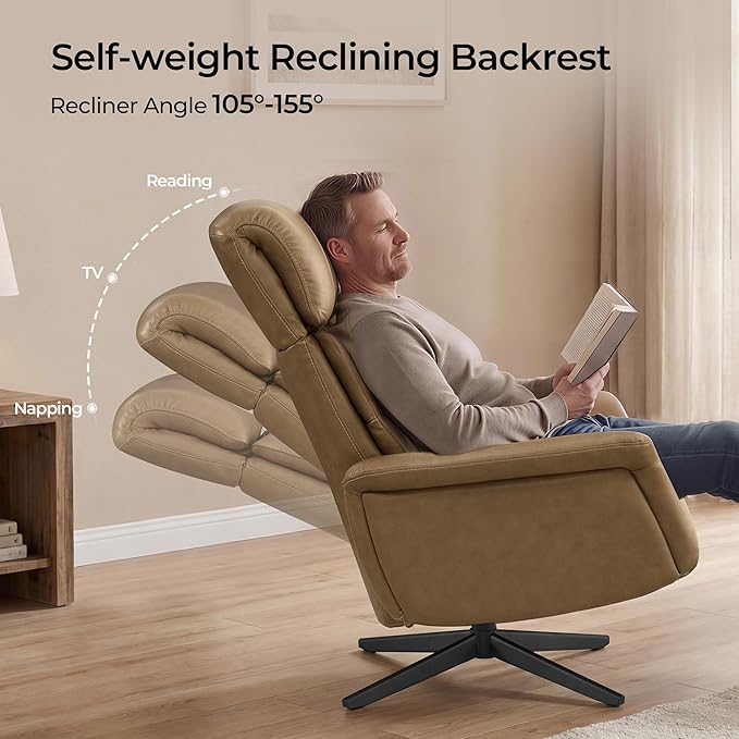 CHITA Genuine Leather Self-Weight Reclining Swivel Chair with Adjustable Headrest and Ottoman for Living Room Office Mocha