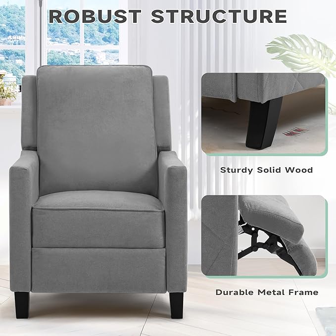 AVAWING Push Back Recliner Chair Set Mid-Century Modern Accent Chair with Adjustable Footrest Small Wingback Chair for Living Room Bedroom Study Room Grey