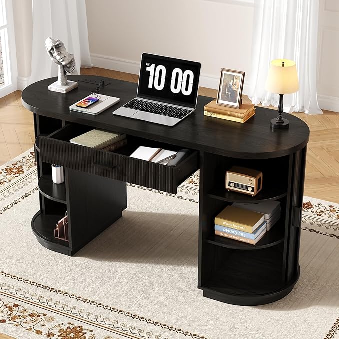ONBRILL 58 Inch Fluted Executive Desk with Drawers Large Computer Desks with Storage Mid Century Modern Office Desk with Charging Station for Home Office Living Room Bedroom (Black)