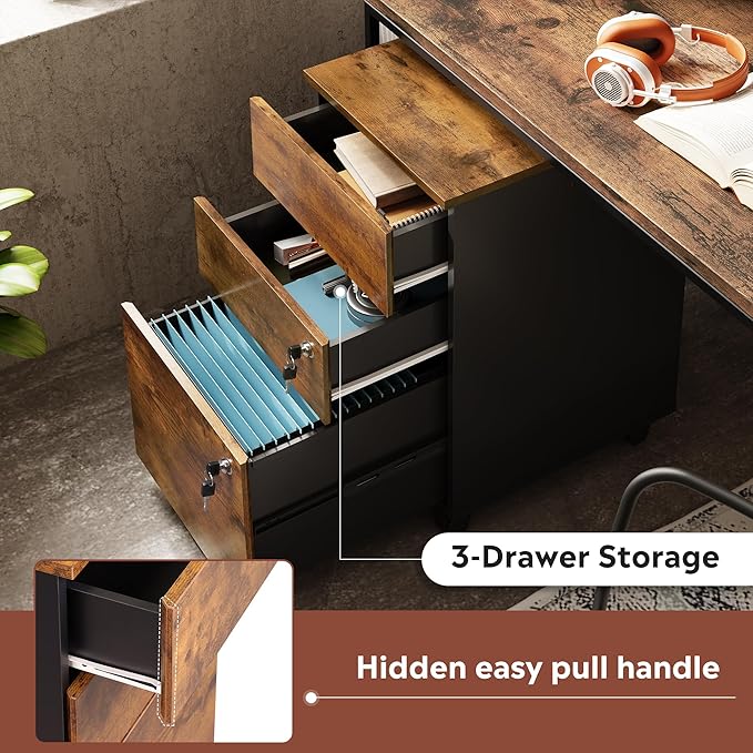 DEVAISE 3 Drawer Rolling File Cabinet with Lock Wood Under Desk Filing Cabinet fits Letter/Legal/A4 Size for Home Office Rustic Brown