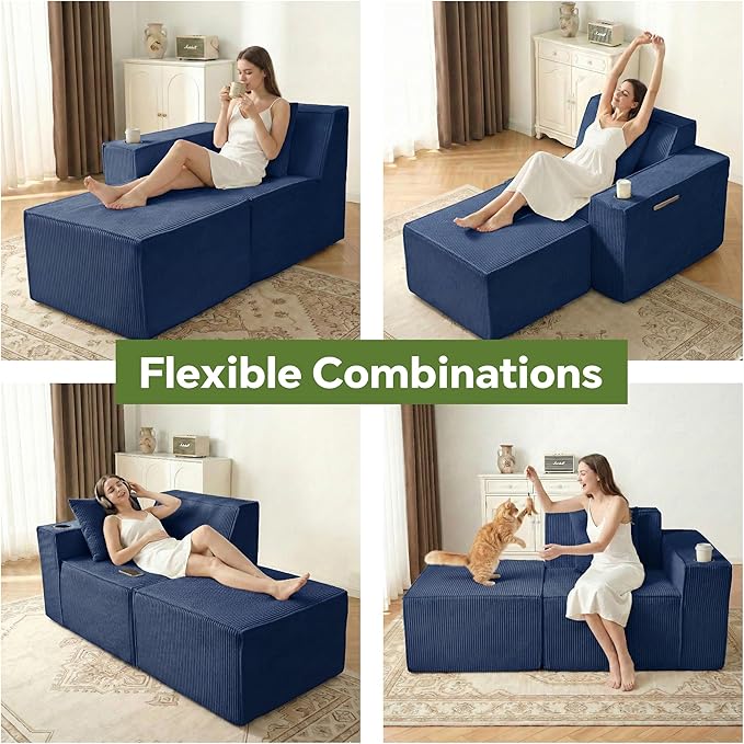 Cloud Modular Sectional CouchBoneless Corduroy Sofa for Living RoomU Shaped Sofa with OttomanDeep SeatNo Assembly Required (Blue Left-arm Seat + Ottoman)