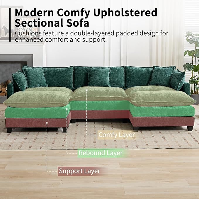 113.78 Modular Cloud Couch Sectional U Shaped Modular Sectional Sofa with Movable Ottoman and Throw Pillows Comfy Chenille Fabric Deep Seat Cloud Sofa Couches for Living Room (Green3-Seater)
