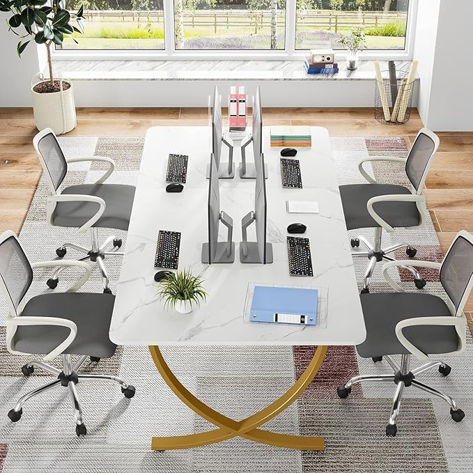 Tribesigns Executive Desk 63” W x 31.5” D Large Office Desk Modern Computer Desk Conference Table Meeting Room Table Business Furniture for Home Office White and Gold