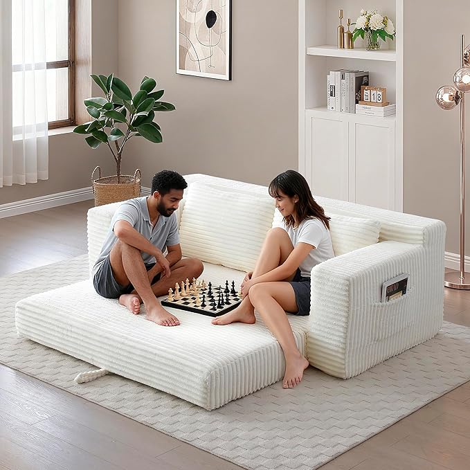 73 Convertible Sofa Bed Pull Out Loveseat Sleeper Sofa with Side Pockets 2 in 1 Folding Couch Bed Fold Out Floor Couch Lounge Sofa with 2 Pillows for Living Room Apartment (Beige)