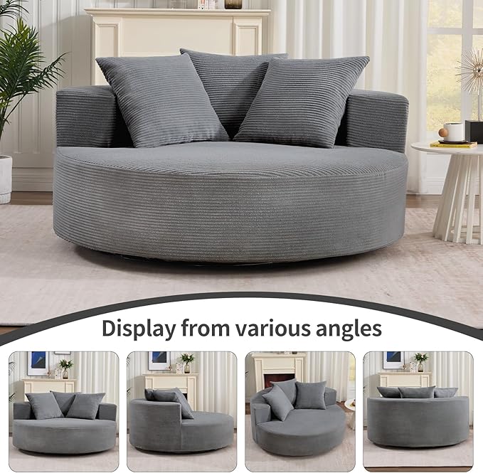 CANMOV Oversized Round Swivel Chaise Longue Chair Indoor Upholstered Corduroy Deep Seat Cloud Large Circle Sofa Chair Modern Single Cloud Sofa Bed for Living Room Bedroom Apartment Office Dark Gary