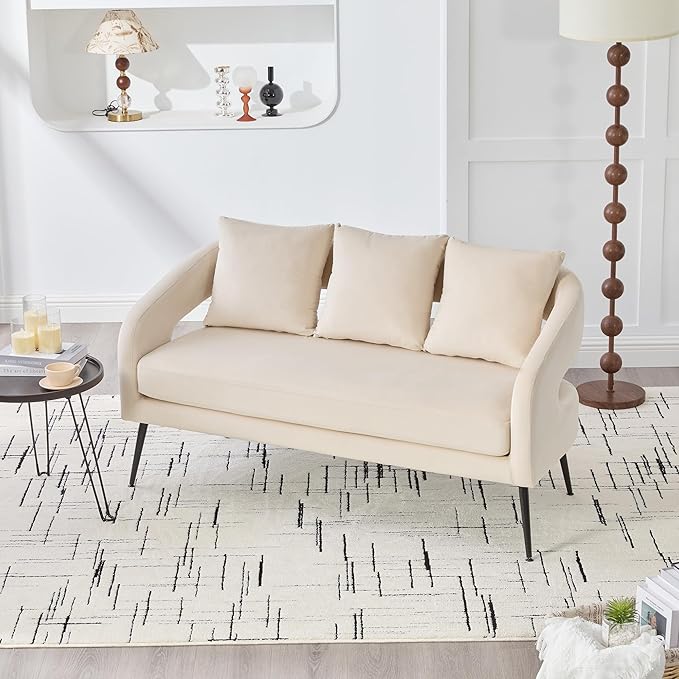 53.7 Modern Velvet Loveseat Sofa with 3 PillowSmall Comfortable 2 Seat Sofa with Metal Legs Small Couch for Living RoomBedroomOfficeReceptionBeige