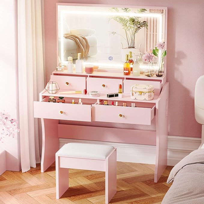COMHOMA Makeup Vanity Desk with Mirror and Lights Vanity Table and Chair Set with 5 Drawers and Charging Station Bedroom Dresser LED Mirror Stepless Dimmable &amp 3 Color Modes Adjustable Pink