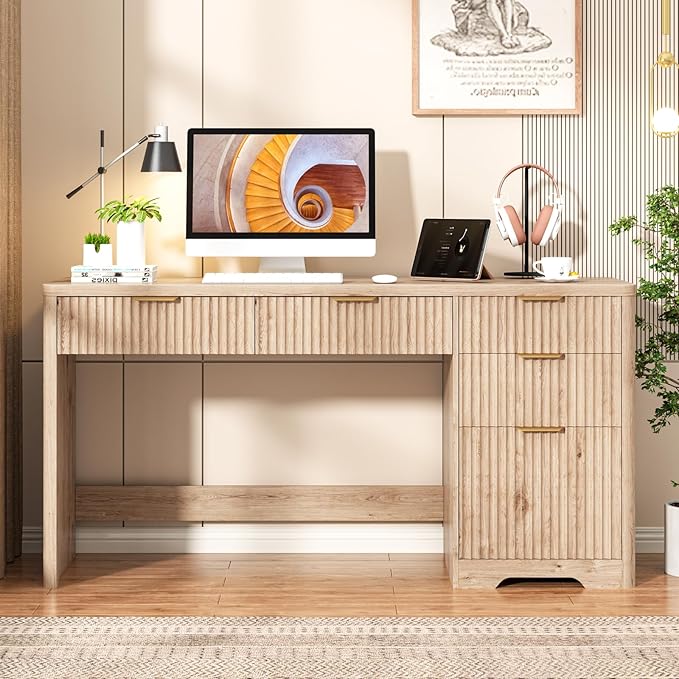 Vabches 59 Fluted Executive Desk with Adjustable File Drawer Workstation Computer Desk with 4 Storage Drawers for Home Office Study Writing.Oak