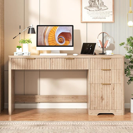 Vabches 59 Fluted Executive Desk with Adjustable File Drawer Workstation Computer Desk with 4 Storage Drawers for Home Office Study Writing.Oak
