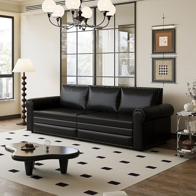 93.7 King Size Chesterfield 3-seat Pull Out Sofa Bed Leather Sofa Bed with Nailhead Trim and Rolled Arm 3-in-1 Sofa Sleeper for Living Room Apartment Office Black