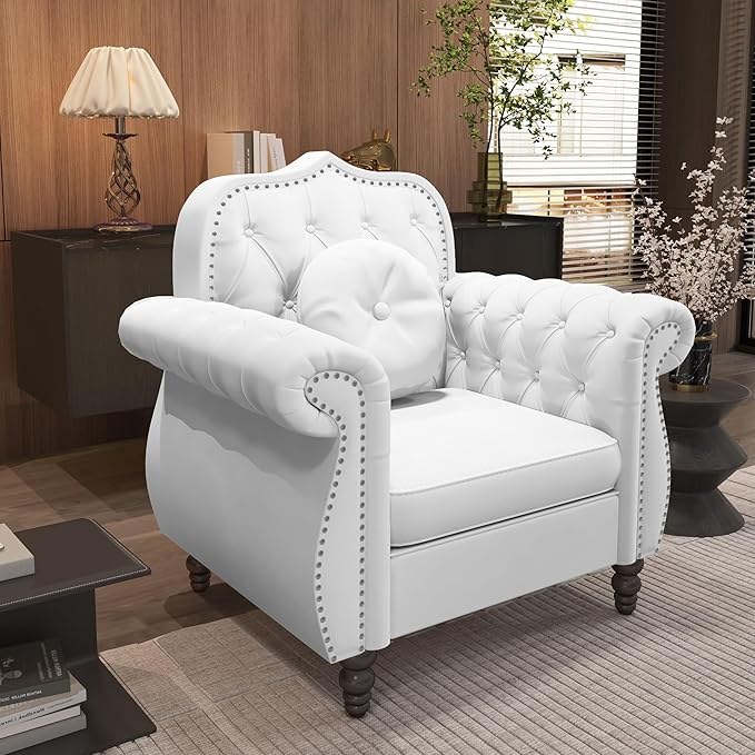 AVZEAR Chesterfield 2-Piece Living Room Sectional Sofa Set Mid-Century Modern Upholstered Velvet Sofa Couch Classic Tufted Button Sofa with Nailhead Trim for Living Room (1+2 Seat White)