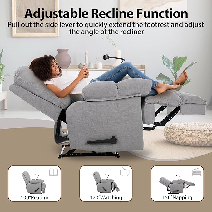 Oversized Recliner Chairs with Phone Holder Large Recliner Soft Fabric Overstuffed Big Man Recliner for Heavy Duty 400lbs Adults for Living Room Bedroom Nursery RV Grey