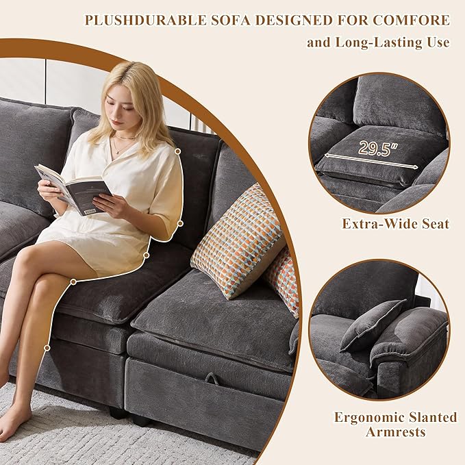 108 Sectional Couches for Living Room U Shaped Cloud Couch Sectional with Ottoman Storage Modular Sectional Sofa with Pillow Deep Seater Sofa for Living Room (Gray Loveseat with Ottoman)