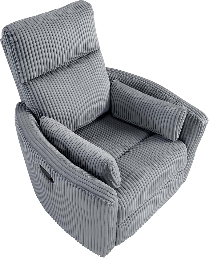 Lexicon Modern Swivel Glider Recliner Chair Nursery Glider Corduroy Fabric Upholstery Recliner with 2 Lumbar Pillows Manual Reclining Sofa Chair for Living Room/Office/Apartment Grey