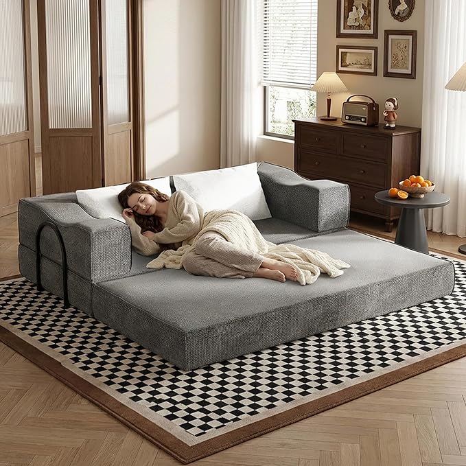 80 Foldable Chenille Futon Sofa Bed 4-in-1 Convertible Couch with 2 Pillows King-Size Floor Lounger for Living Room Guest Room Dorm - No Assembly (Gray 80in)