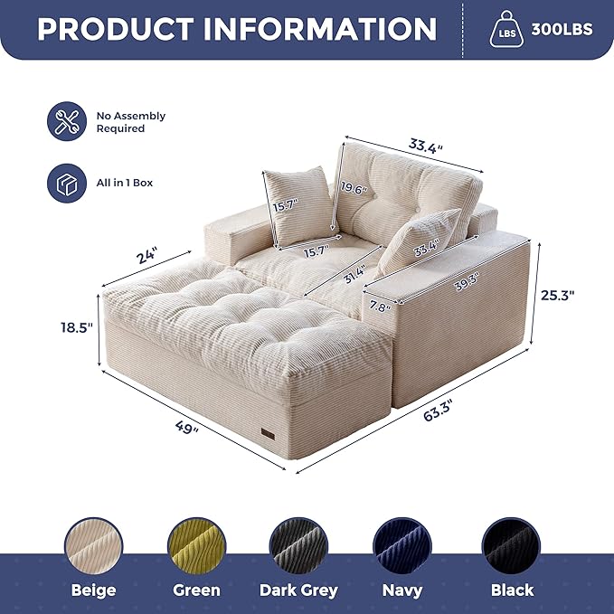 MAXYOYO Modular Sectional Chaise Lounge Sofa Upholstered Lounge Chair with Ottoman Comfy Couch with Layered Cushion Tufted Upholstered Sleeper Chair for Living Room No Assembly Beige