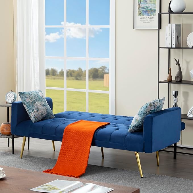 68.5” Futon Sofa Bed Convertible Futon Couch with Adjustable BackrestFolding Sofa Bed with 2 Pillows &amp Metal Legs Sleeper Loveseat with Armrest for Home Office (Bule)