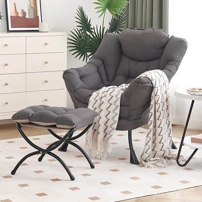 Lazy Chair with Ottoman Modern Chair with Folding Footrest Dark Grey Accent Chair Comfortable Reading Chair Oversized Armchairs for Bedroom Study Living Room Courtyard