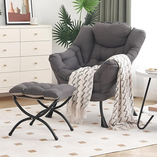 Lazy Chair with Ottoman Modern Chair with Folding Footrest Dark Grey Accent Chair Comfortable Reading Chair Oversized Armchairs for Bedroom Study Living Room Courtyard