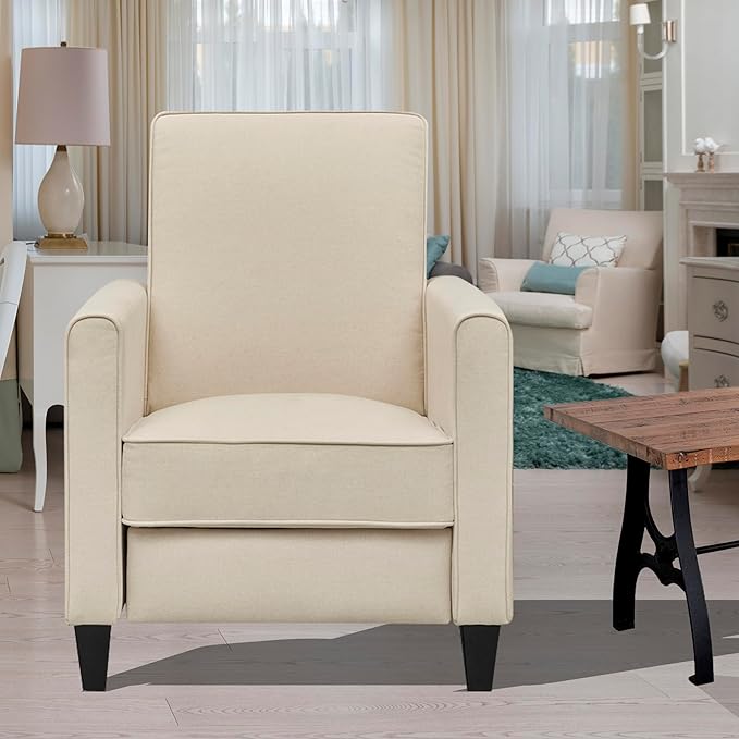 Naomi Home Landon Cream Linen Push-Back Recliner Compact Comfort for Small Spaces Plush Cushioning Modern Armless Club Chair Design