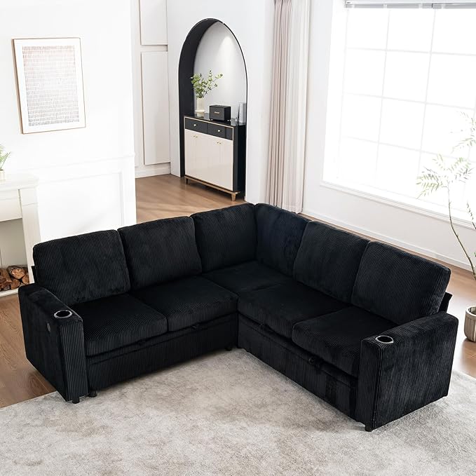 83 Modular Sectional Sleeper Sofa with Pull Out Bed Plush Corduroy L-Shaped Corner Couch with Storage USB Charger Cup Holders 5-Seater Sectional Couches for Living Room Apartment Black