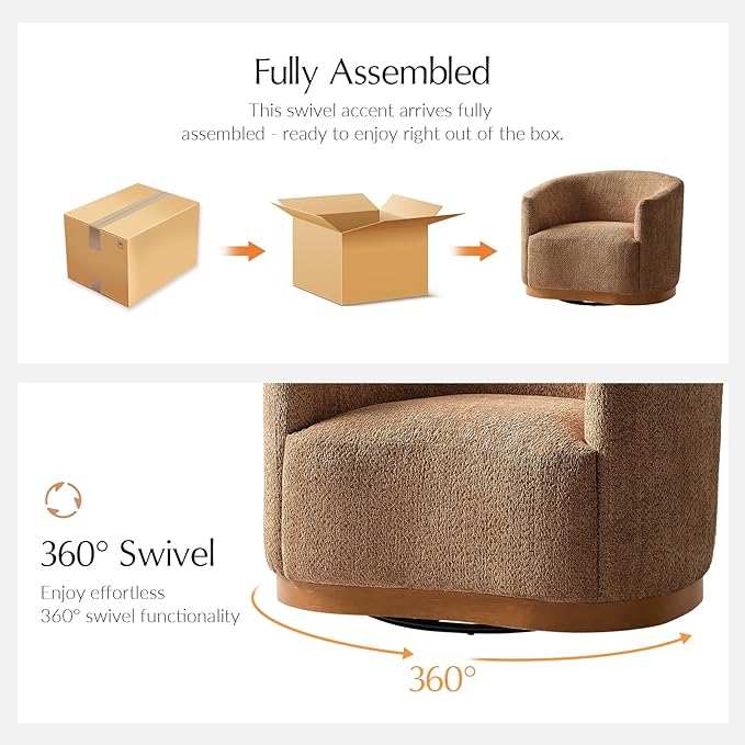 HULALA HOME Chenille Swivel Accent Chairs Set of 2 Fully Assembled Comfy Upholstery Barrel Armchair with Sturdy Solid Wood Base Caramel