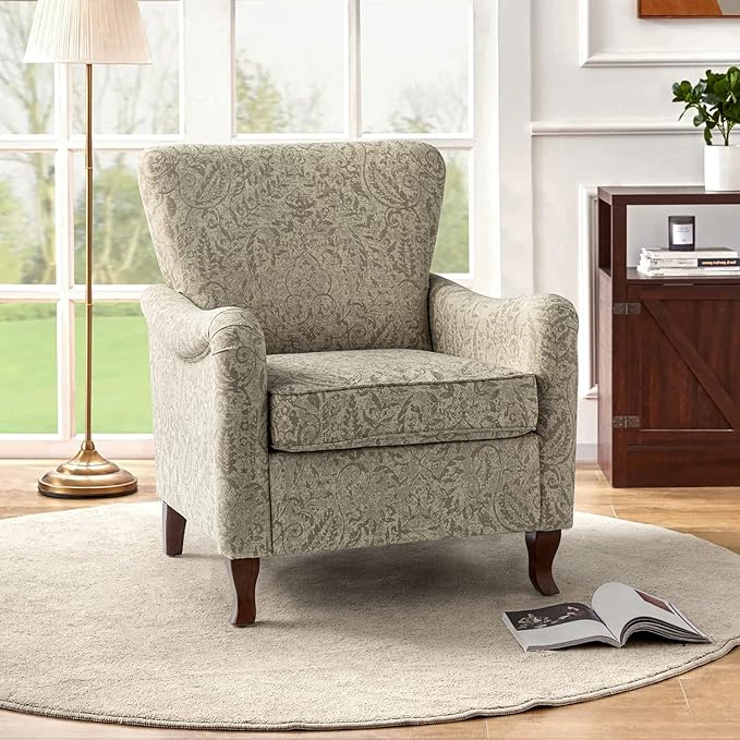 HULALA HOME Floral Accent Chair Modern High Back Armchair with Wooden Legs Comfy Wingback Chair Upholstered Accent Single Sofa Chair for Living Room &amp Bedroom Beige