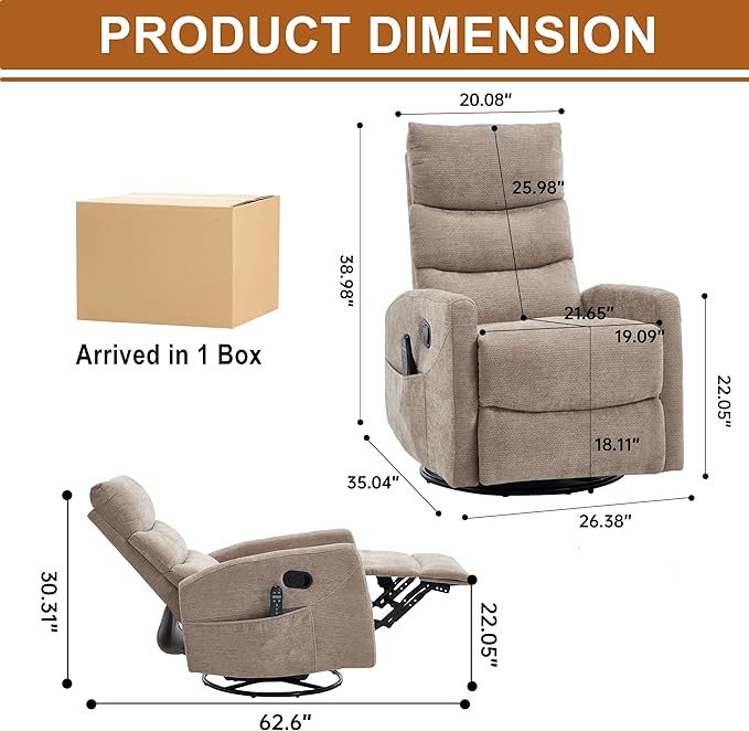 Manual Swivel Rocker Recliner Chair with Vibration Massage Overstuffed Glider Chair with Lumbar Heat for Nursery Living Room Reclining Sofa Chair Chenille Fabric Khaqi