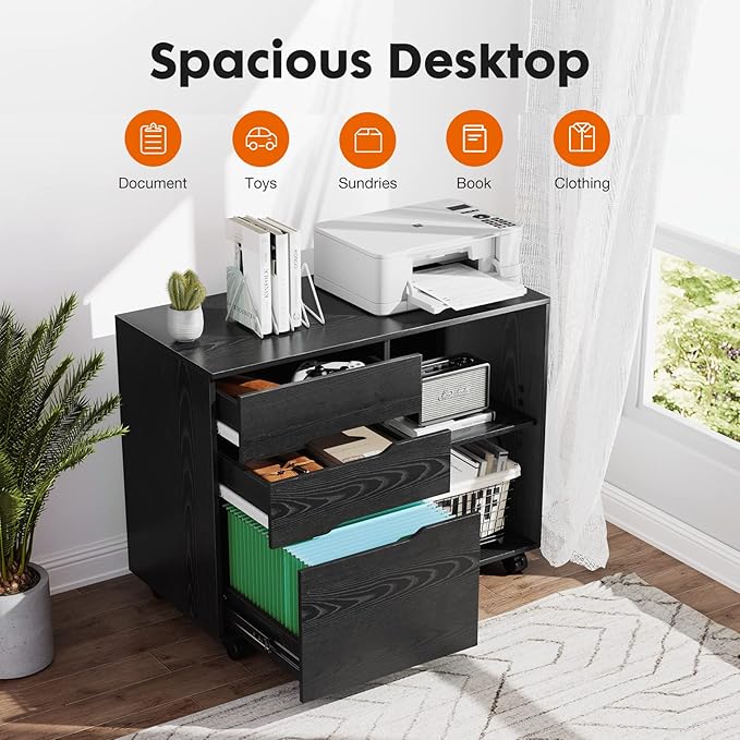 File Cabinet with 3 Drawers Mobile Lateral Filing Cabinet with Open Storage Shelves for Home Office Under Desk Storage Black