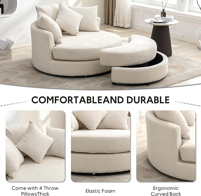 Yoglad Oversized Round Swivel Accent Chair - Modern 360 Degree Barrel Chairs with Storage Ottoman for Living Room Bedroom(Chenille- Cream)