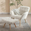Sherpa Accent Reading Chair with Ottoman Modern Fuzzy Chair with Ottoman Upholstered Armchair with Wood Legs Comfy Lounge Chair for Small Spaces Living Room Bedroom Book Nook White