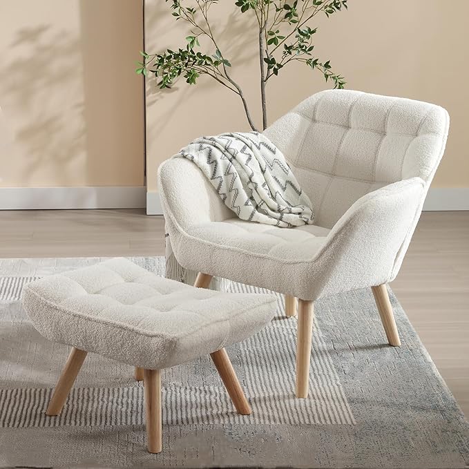 Sherpa Accent Reading Chair with Ottoman Modern Fuzzy Chair with Ottoman Upholstered Armchair with Wood Legs Comfy Lounge Chair for Small Spaces Living Room Bedroom Book Nook White