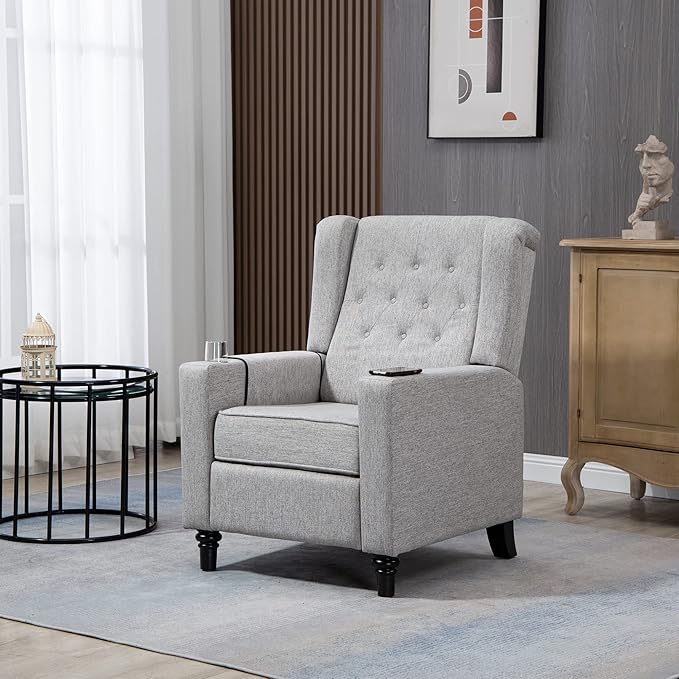 Pushing Recliner Chair Modern Button Tufted Wingback Push Back Recliner Chair Living Room Chair Fabric Pushback Manual Single Reclining Sofa Home Theater Seating for BedroomLight Gray