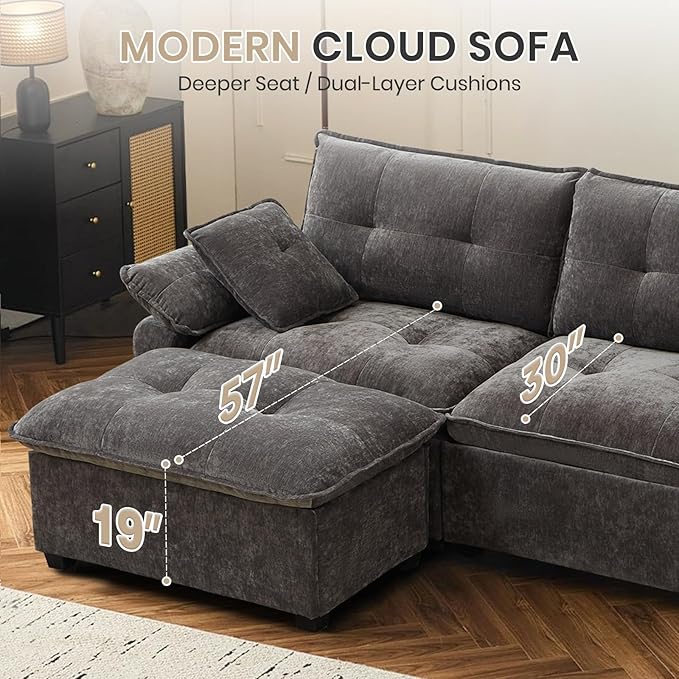 89'' L Shaped Modern Sofa Modular Sectional Cloud Couch with Ottoman Comfy Chenille Deep Seat Sofa with Throw Pillows/USB 2 Seater Couch for Living Room for Living Room Office and Apartment