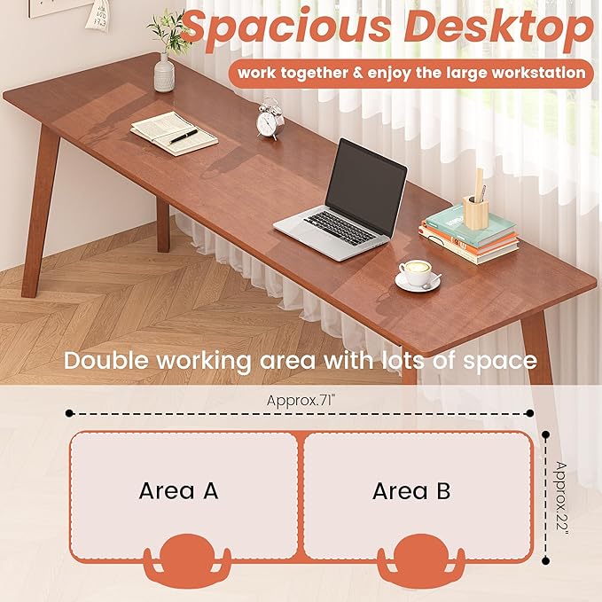 Solid Wood Desk with Large Desktop - 70.9 Mid Century Modern Executive Desks Farmhouse Home Office Computer Desks for Two People Writing Study Table | 2 Person Desk for Any Room-Walnut