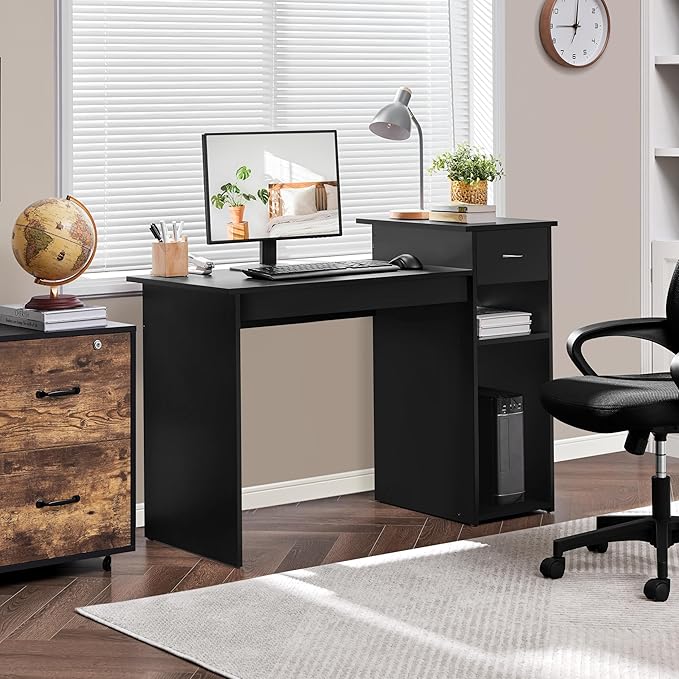 Yaheetech Home Office Computer Desk with Storage Drawer and Monitor Stand Wooden PC Laptop Table Modern Simple Style Computer Workstation for Study Writing Black