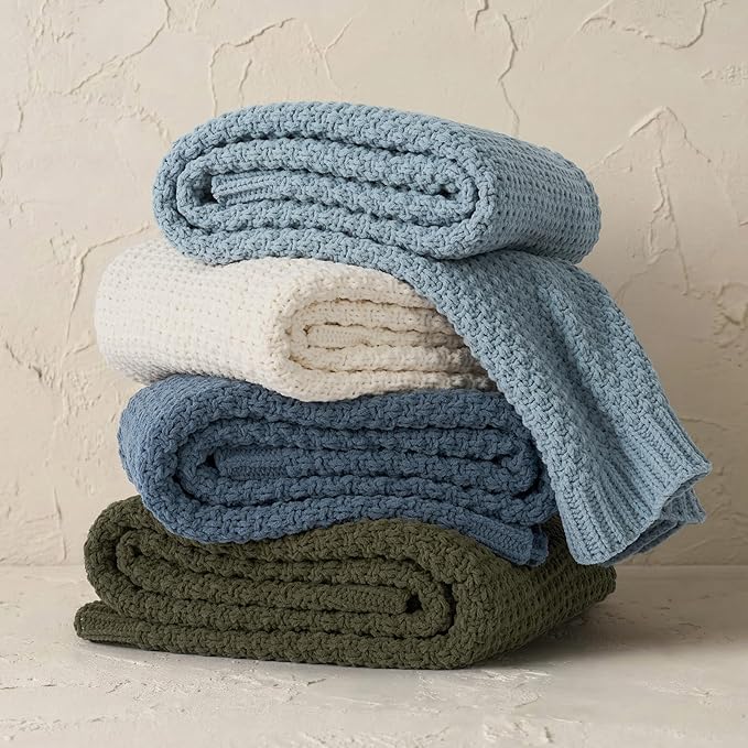 EVERGRACEHOME Chunky Chenille Knit Throw Blanket for Couch Soft Luxurious Moss Stitch Blankets for Bed Cozy Decorative Farmhouse Knitted Throws for Sofa Chambray Blue 60 x 80