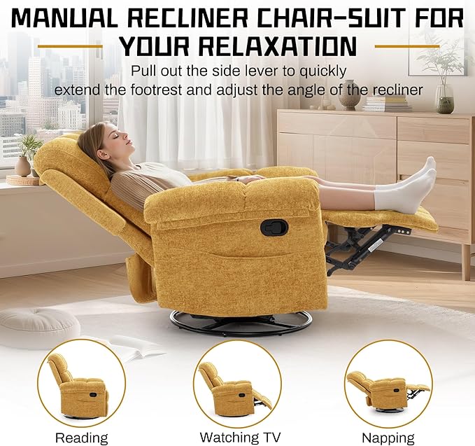 Recliner Chair Swivel Rocker Recliner Chair for Adults Small Recliners for Small Spaces Upholstered Manual Recliner with Side Pockets Nursery Rocking Chair for Living Room Chenille Yellow