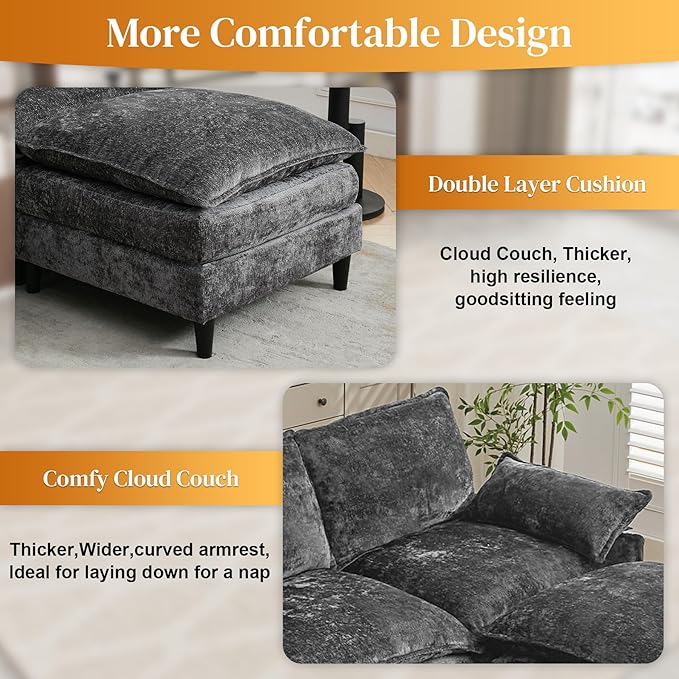 121 U Shaped Modular Sectional Sofa with Movable Ottomans Comfy Fluffy Cloud Chenille Grey Sectional Couches for Living Room Cloud Couch Sectional Sofa with Memory Foam &amp Double Cushion