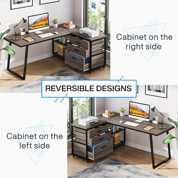 Tribesigns L-Shaped Desk with 3 Drawers Reversible Corner Home Office Computer Desk with Shelves 53-Inch Industrial PC Desk Study Writing Table Workstation for Small Space Grey