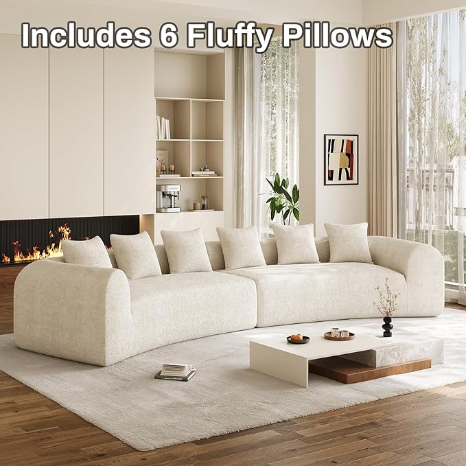 157 Oversized Curved Sectional Sofa Cloud Comfort Design with Wide Armrests Premium Chenille High-Density Foam Modern Curved Couch for Living Room with 6 Pillows No Assembly Beige