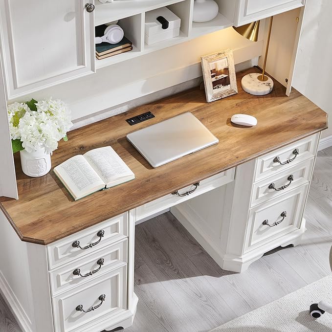 T4TREAM 59 Farmhouse Executive Desk with HutchWood Home Office Computer Desk Featuring Keyboard TrayCharging StationFile Drawer Storage Cabinetfor Work and Study (Antique White)