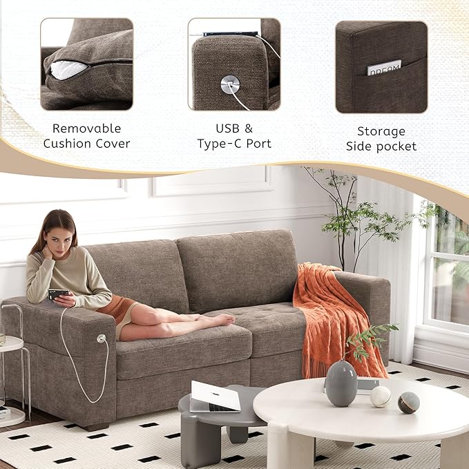 Modern Sofa 3-Seats Couches for Living Room Chenille Loveseat with USB/Type-C Port Side Pocket Recliner Small Sofa Comfy Couch Easy to Install (89 inch Brown)