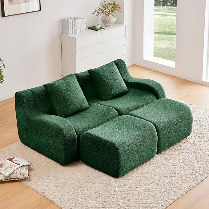 Green Modular Cloud Couch Loveseat with 2 Ottomans Modern Teddy Fabric Boneless Sectional Sofa in a Box for Living Room Deep Seat Floor Couch No Assembly Required Sofas para Sala
