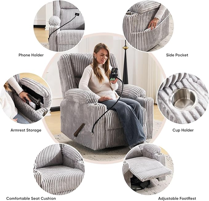 Oversized Manual Recliner Chair with Arm StorageSwivel Rocker Recliner Chair for Adults with Adjustable HeadrestNursery Glider Recliner with Phone Stand and Side Pockets for Living RoomLight Grey