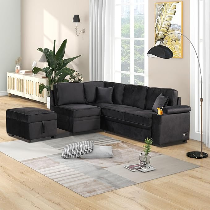LUMISOL 87 Convertible Sofa Bed with Storage Ottoman L-Shaped Sectional Sofa with Cup Holder &amp USB Ports Pull Out Sleeper Sofa Couch with Chaise for Living Room Small Apartment Black