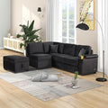 Linen L-shape Reversible Sleeper Sectional Sofa Couch with Storage Ottoman 2 in 1 Pull Out Convertible Sofa Bed with Cup Holders and USB Charging Port for Living Room Apartment Office (Black-LI)